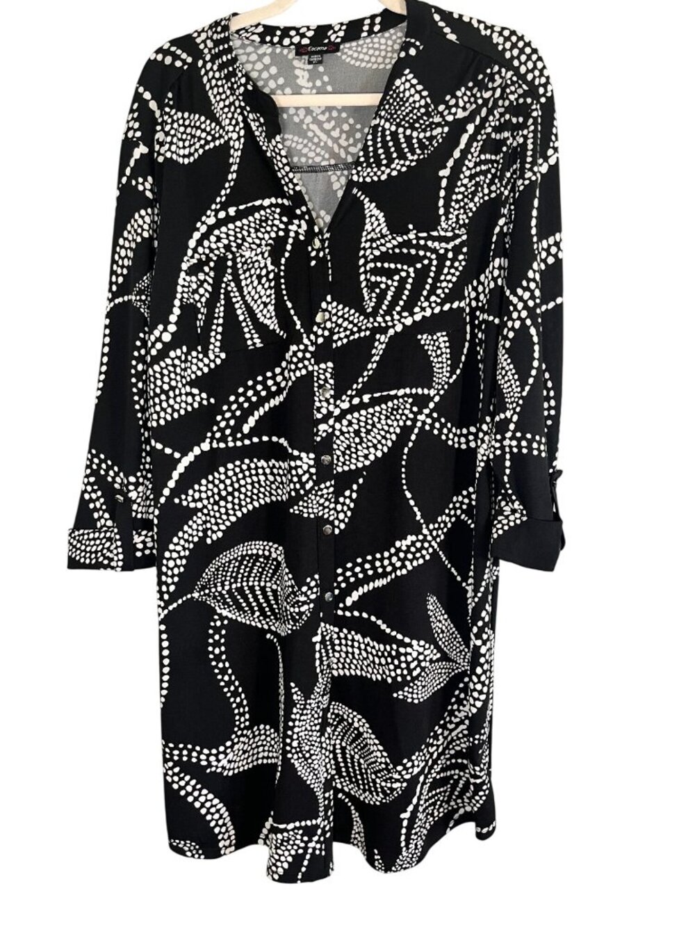 Neutral Floral Shirt Dress Black XL Dot Classic Resort Preppy Euro Chic Work